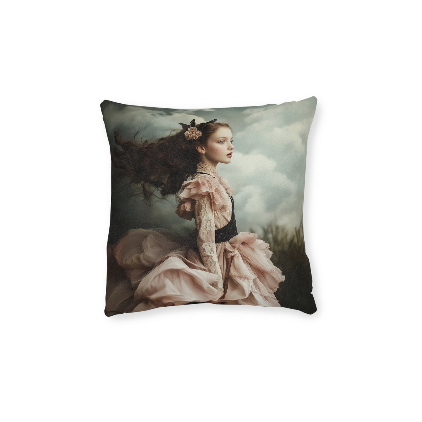 Square Pillow - Girl in Pretty Dress with Butterflies