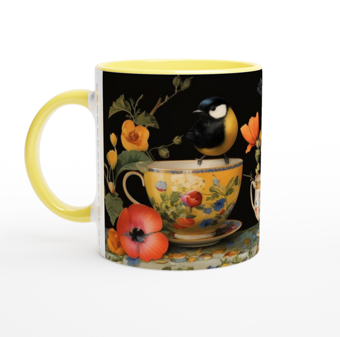 Ceramic Bird Decor Mug – Glossy White 11oz Coffee Cup with Colored Rim