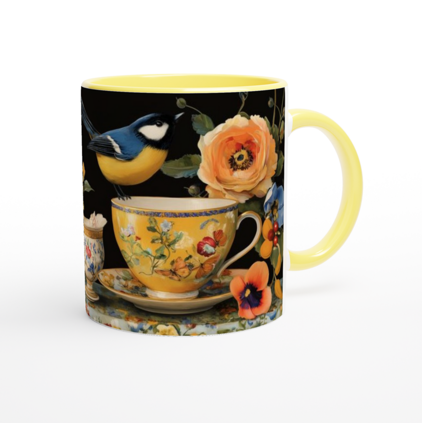 Ceramic Bird Decor Mug – Glossy White 11oz Coffee Cup with Colored Rim