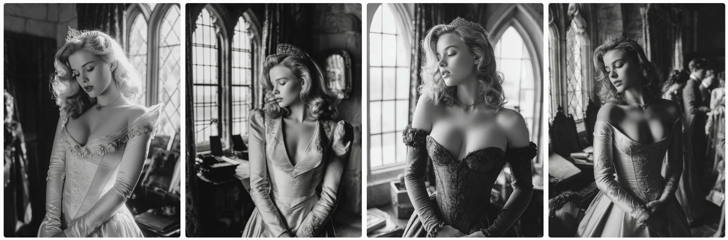 Fairy tales-Old Hollywood style! Sepia, B/W and technicolor- 60 prompts