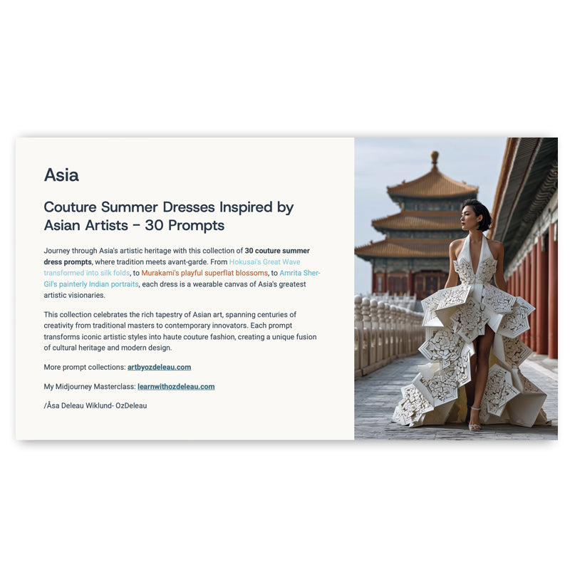 Bundle 6 PDFs! Couture Around the World: 180 MidJourney Prompts Inspired by Global Artists