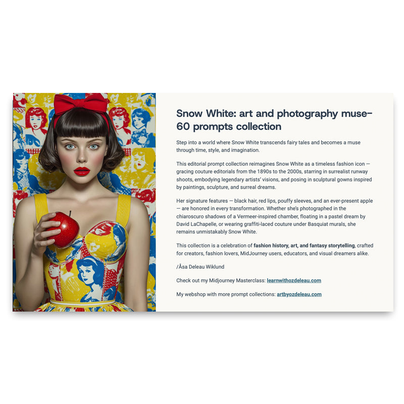 60 Snow White Haute Couture Prompts inspired by art and photographers– Illustrated Editorial Collection