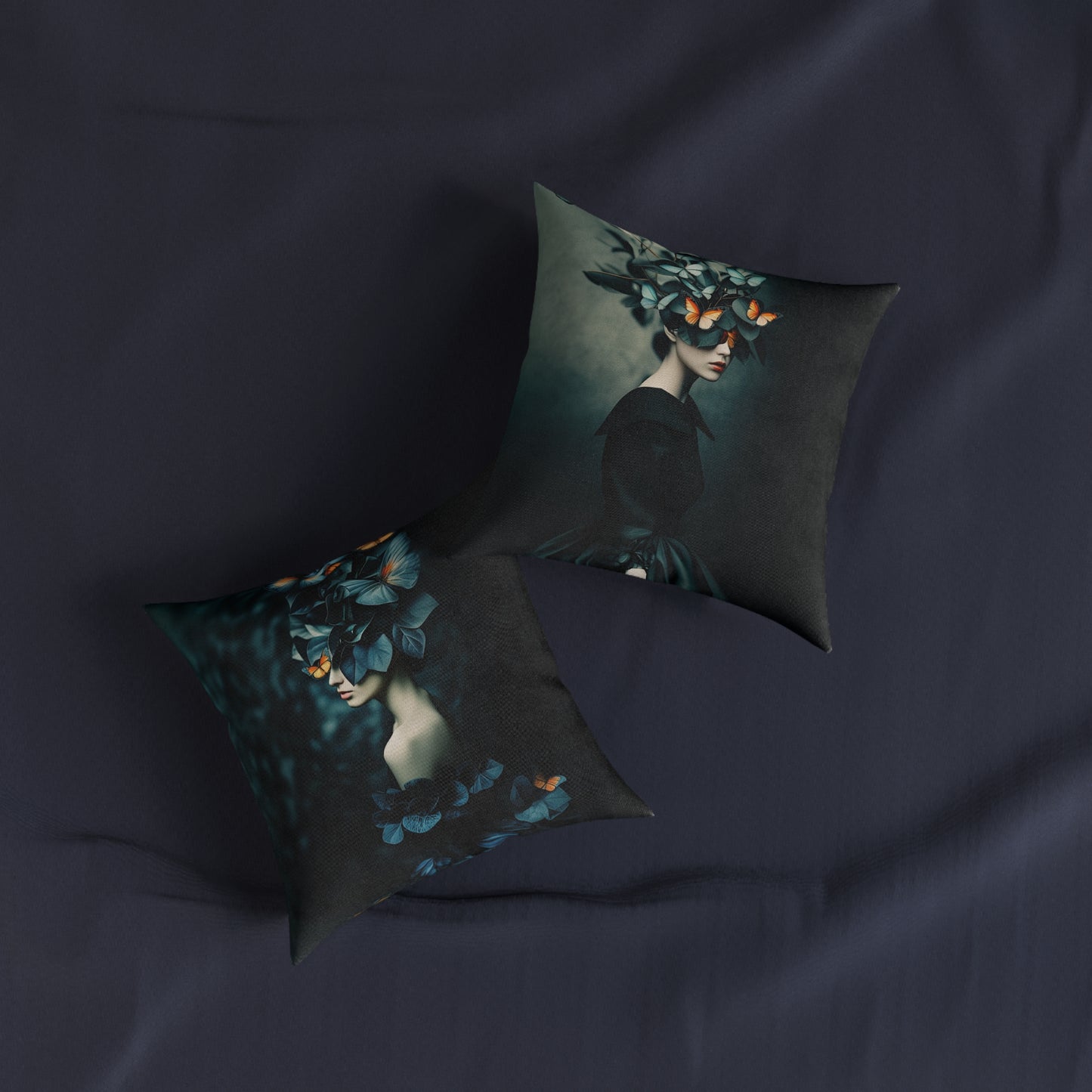 Square Pillow - Petrol Color Leaves Artistic Portrait Pillow