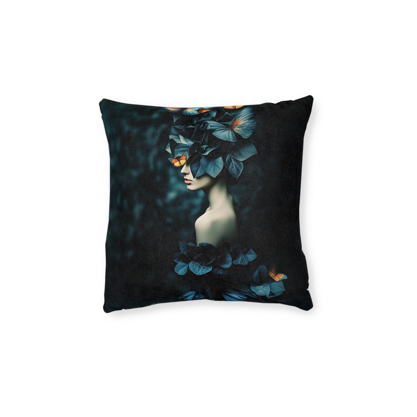 Square Pillow - Petrol Color Leaves Artistic Portrait Pillow