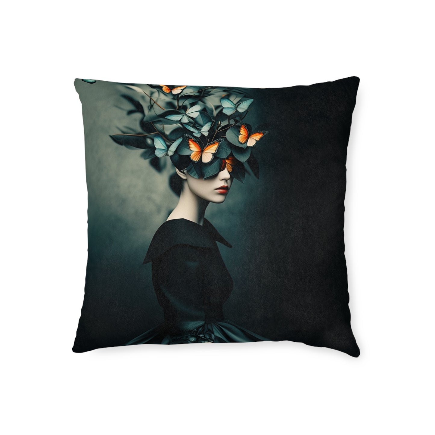 Square Pillow - Petrol Color Leaves Artistic Portrait Pillow