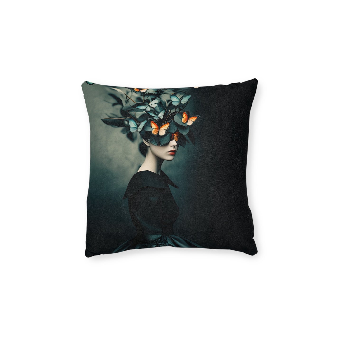 Square Pillow - Petrol Color Leaves Artistic Portrait Pillow