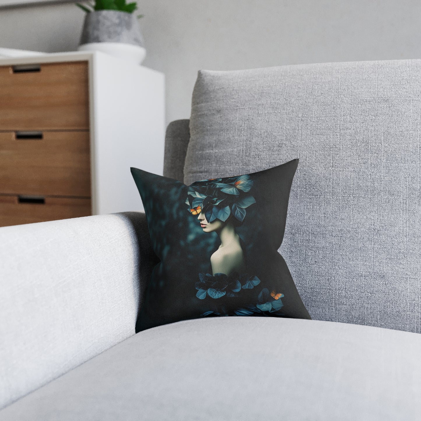 Square Pillow - Petrol Color Leaves Artistic Portrait Pillow