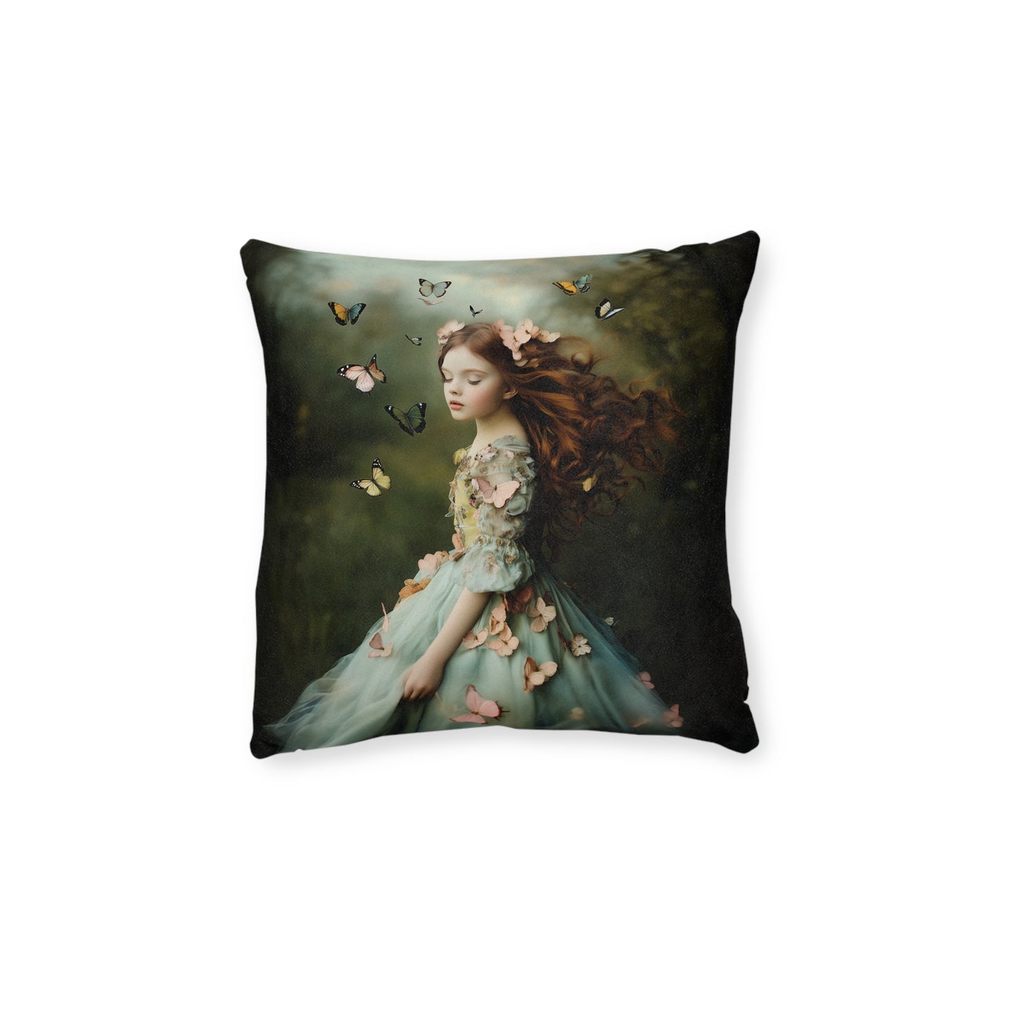 Square Pillow - Girl in Pretty Dress with Butterflies