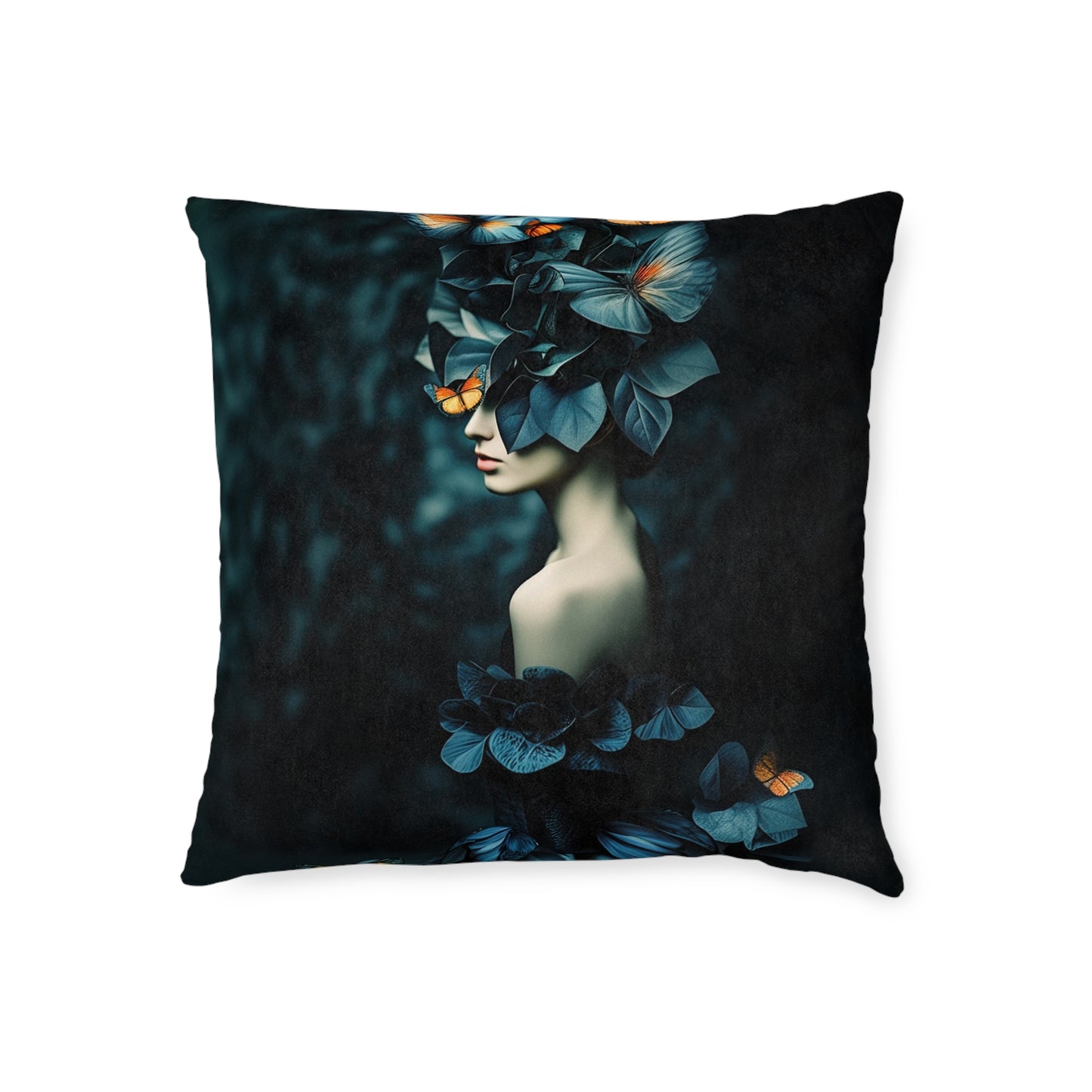 Square Pillow - Petrol Color Leaves Artistic Portrait Pillow