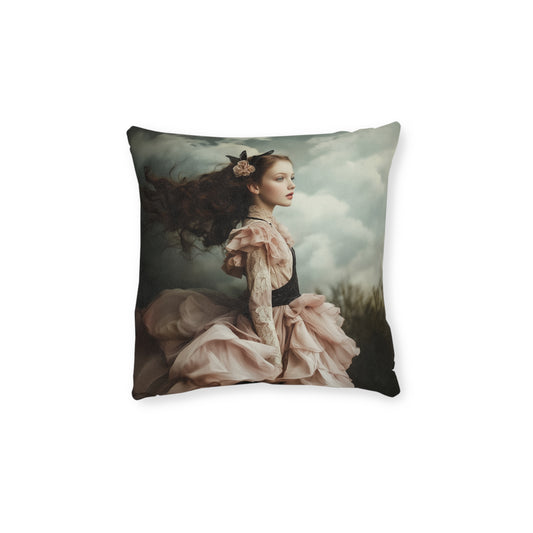 Square Pillow - Girl in Pretty Dress with Butterflies