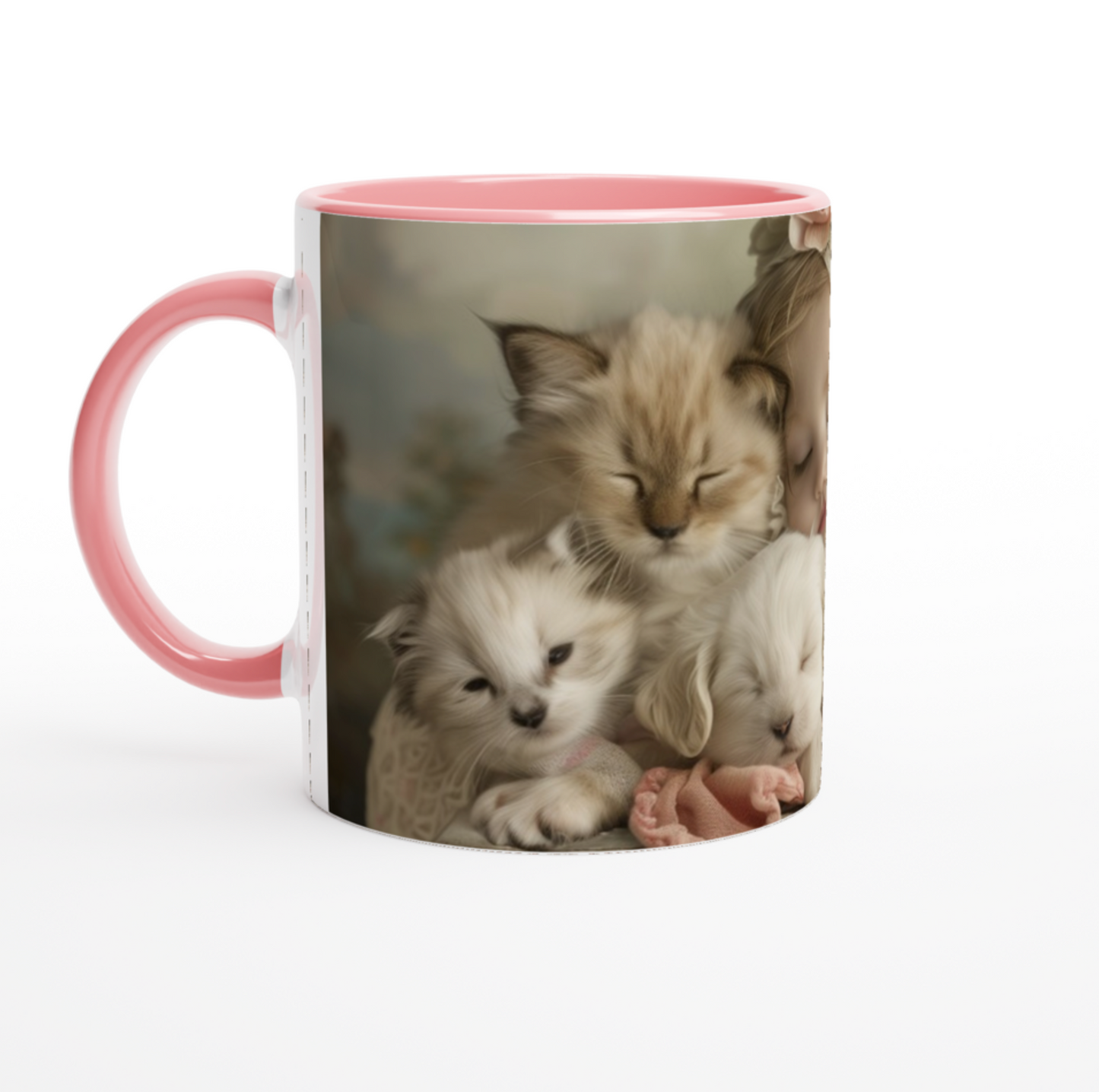 Cute sleeping baby with puppy and kittens mug