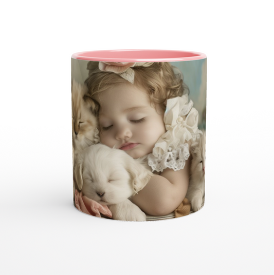 Cute sleeping baby with puppy and kittens mug