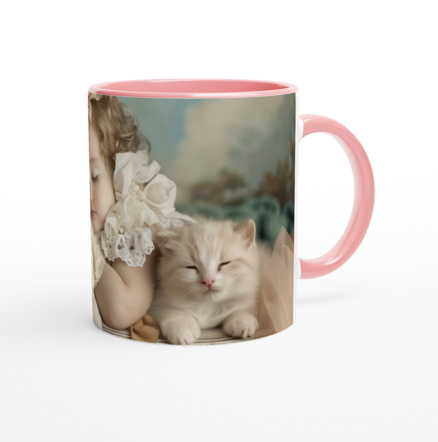 Cute sleeping baby with puppy and kittens mug