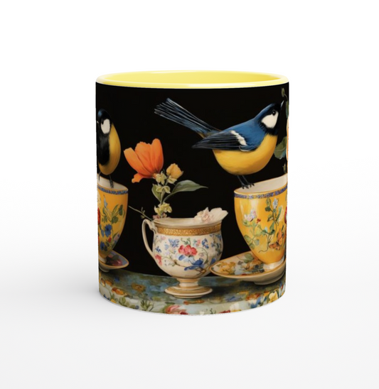 Ceramic Bird Decor Mug – Glossy White 11oz Coffee Cup with Colored Rim