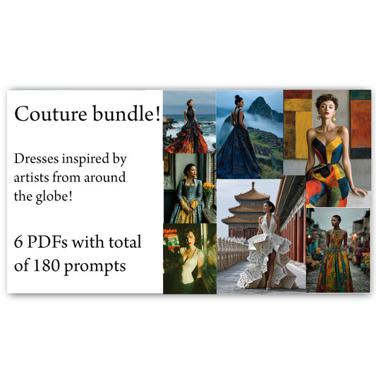 Bundle 6 PDFs! Couture Around the World: 180 MidJourney Prompts Inspired by Global Artists