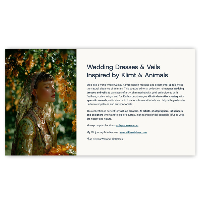 Couture Wedding Dresses and Veils Inspired by Klimt and Animals – 30 Couture Prompts