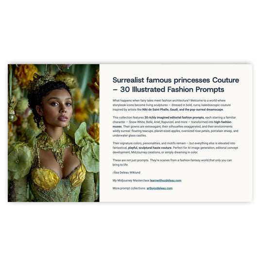 Sculptural Surrealist Couture princesses – 30 Illustrated Fashion Prompts