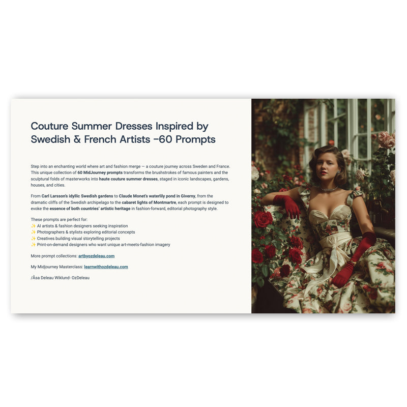 Couture Summer Dresses Inspired by Swedish and French Artists — 60 MidJourney Prompts